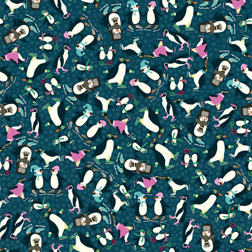 Seamless digital pattern featuring penguins ice skating in bright winter outfits on a teal background, from the Waddle & Whirl collection by Michelle Ward Designs.
