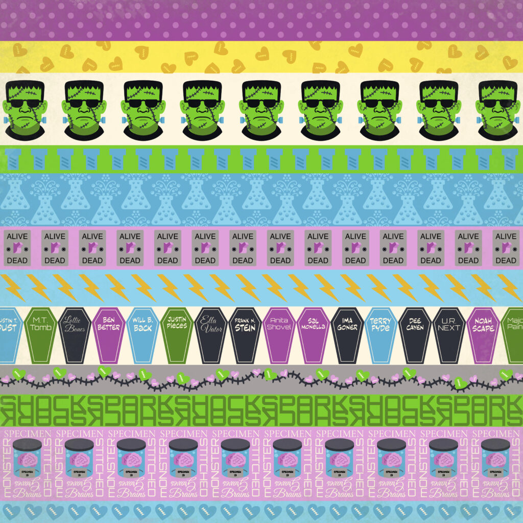 Electric Screams border-strip scrapbook paper with Frankenstein heads, beakers, lightning bolts, coffins, brains, hearts, and stitched motifs