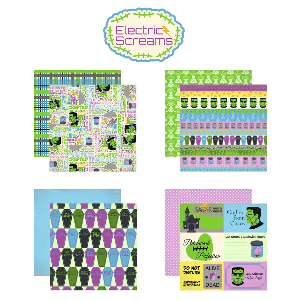 Electric Screams scrapbook paper collection by Michelle Ward Designs showing eight coordinating Frankenstein-themed papers and the collection logo