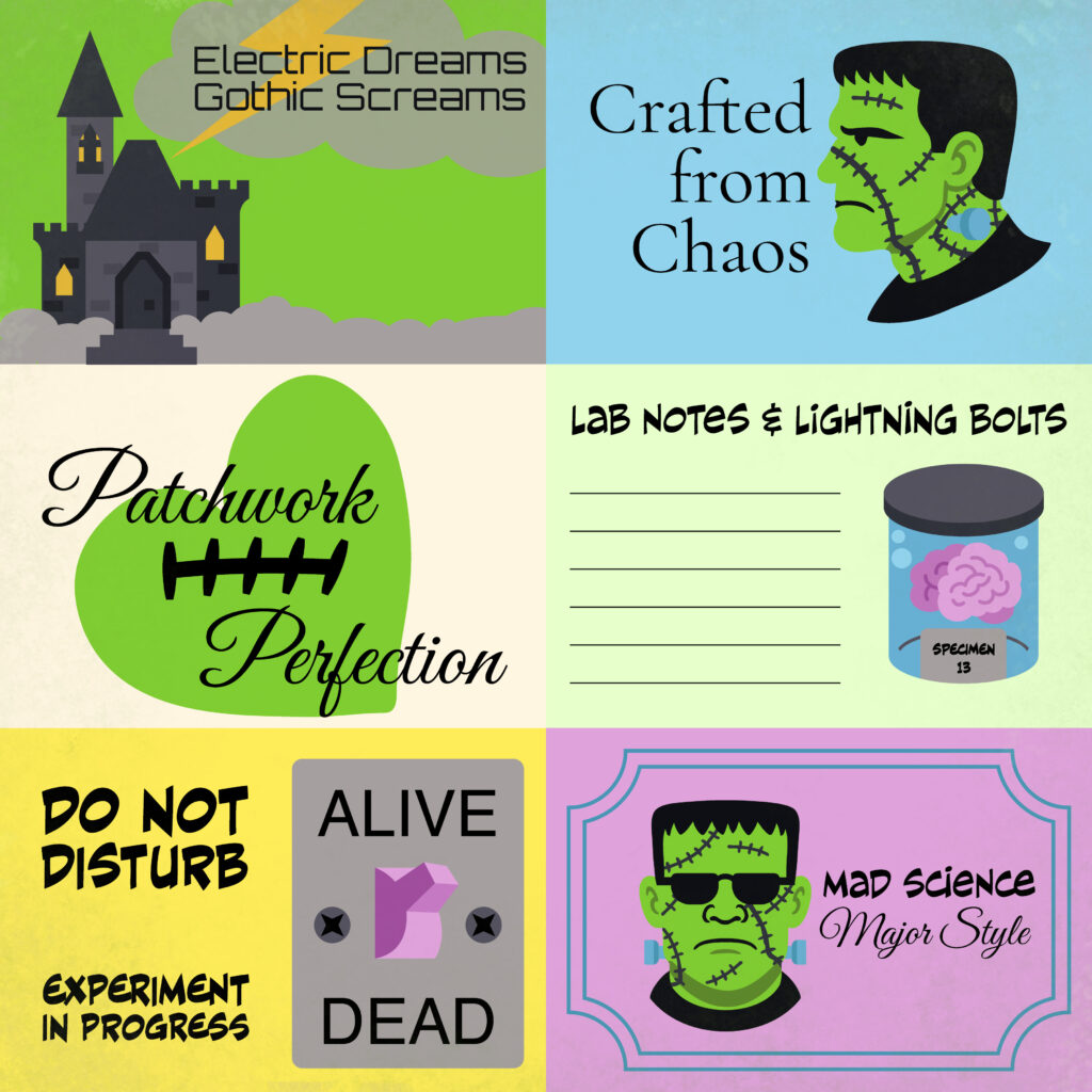 Electric Screams cut-apart card sheet with Frankenstein art, stitched hearts, mad-science labels, and journaling spots