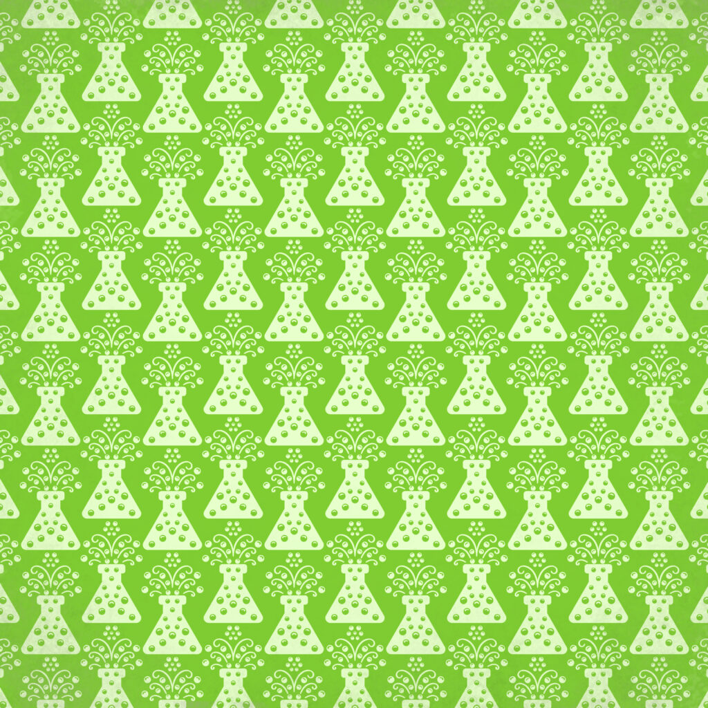Green Electric Screams beaker paper featuring repeating mad-science beakers with bubbles and texture