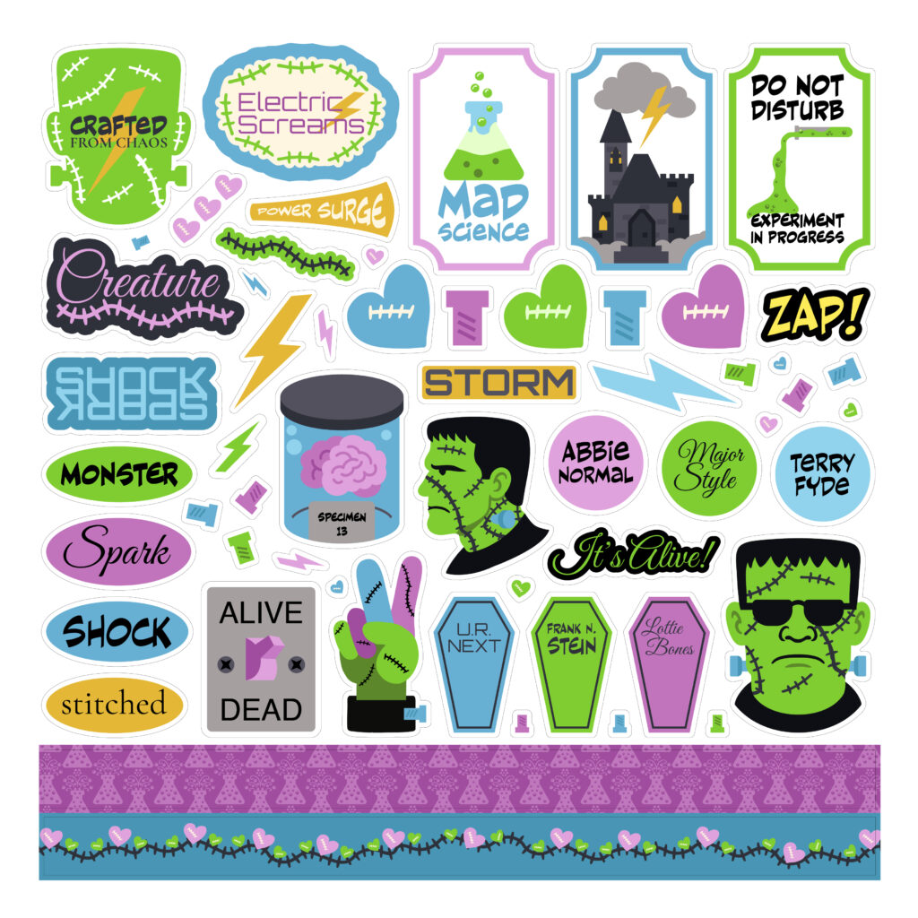 Electric Screams themed sticker sheet with Frankenstein icons lightning bolts stitched hearts coffins and labels