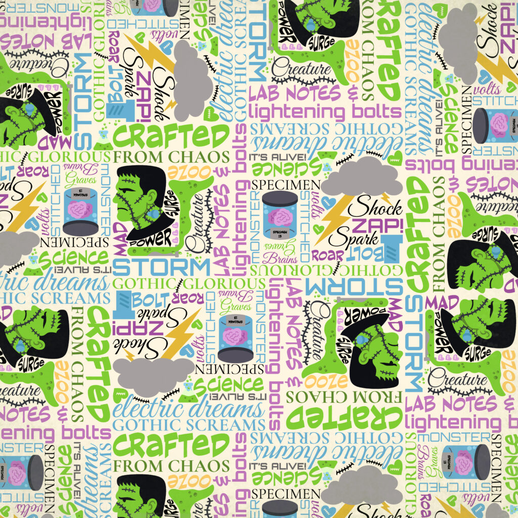 Electric Screams typography collage paper with Frankenstein heads, specimen jars, clouds, and words like Crafted from Chaos, Storm, Zap, and Mad Science