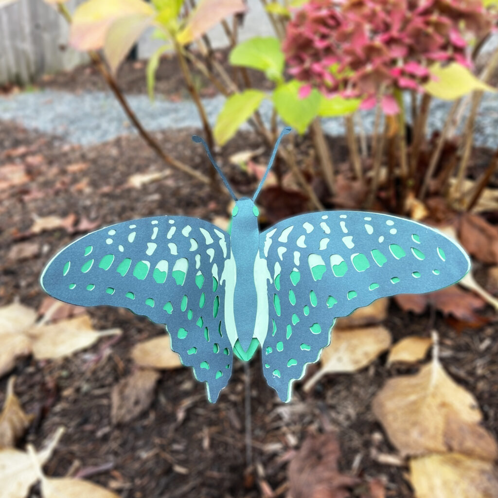 Layered paper butterfly with teal and green cutout details displayed outdoors