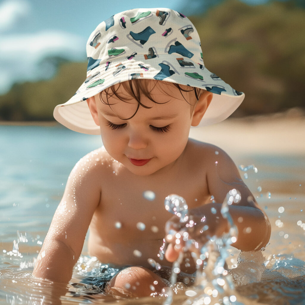 Child wearing a bucket hat printed with the Waddle and Whirl repeating ice skate boot pattern while playing in shallow beach water