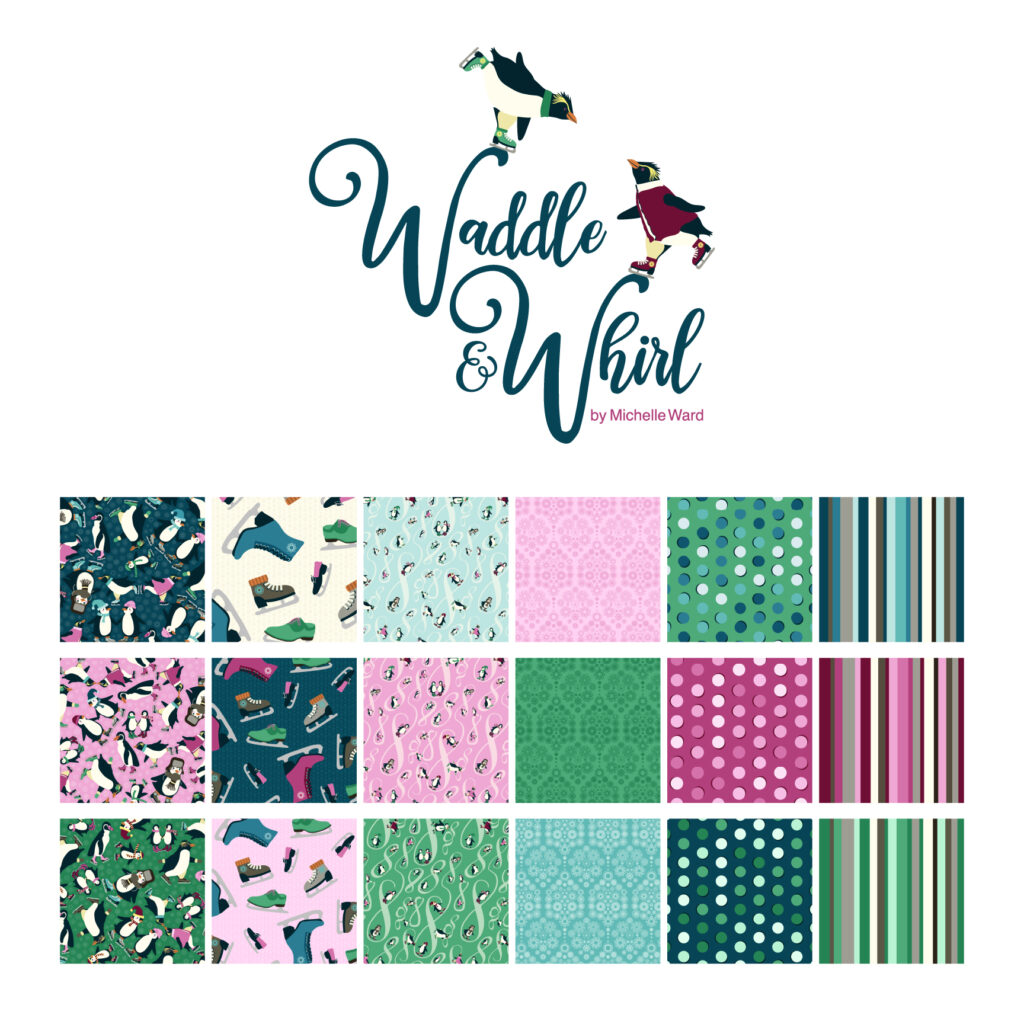 Waddle and Whirl fabric collection overview showing repeating penguin patterns skates damask dots and stripes with collection logo
