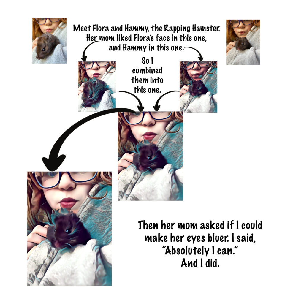 Before and after images showing Flora and Hammie the hamster combined into a single stylized portrait.