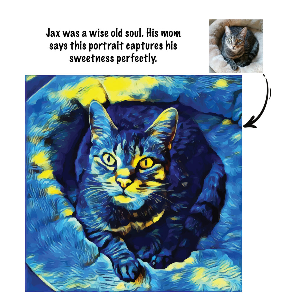 Before and after images showing Jax the cat transformed into a blue and yellow stylized portrait.