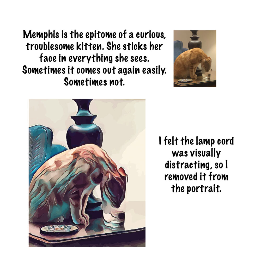 Before and after images showing Memphis the kitten with the lamp cord removed in the final portrait.