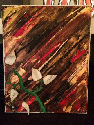 Rox’s abstract red and gold painting with blue sculpted petals, full of bold strokes and vibrant movement.