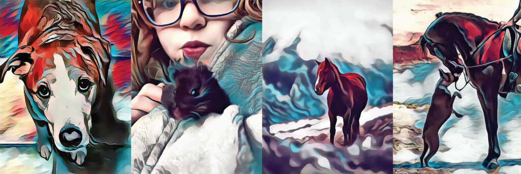 Banner showing stylized digital pet portraits including a dog, hamster, horse, and dog with rider.