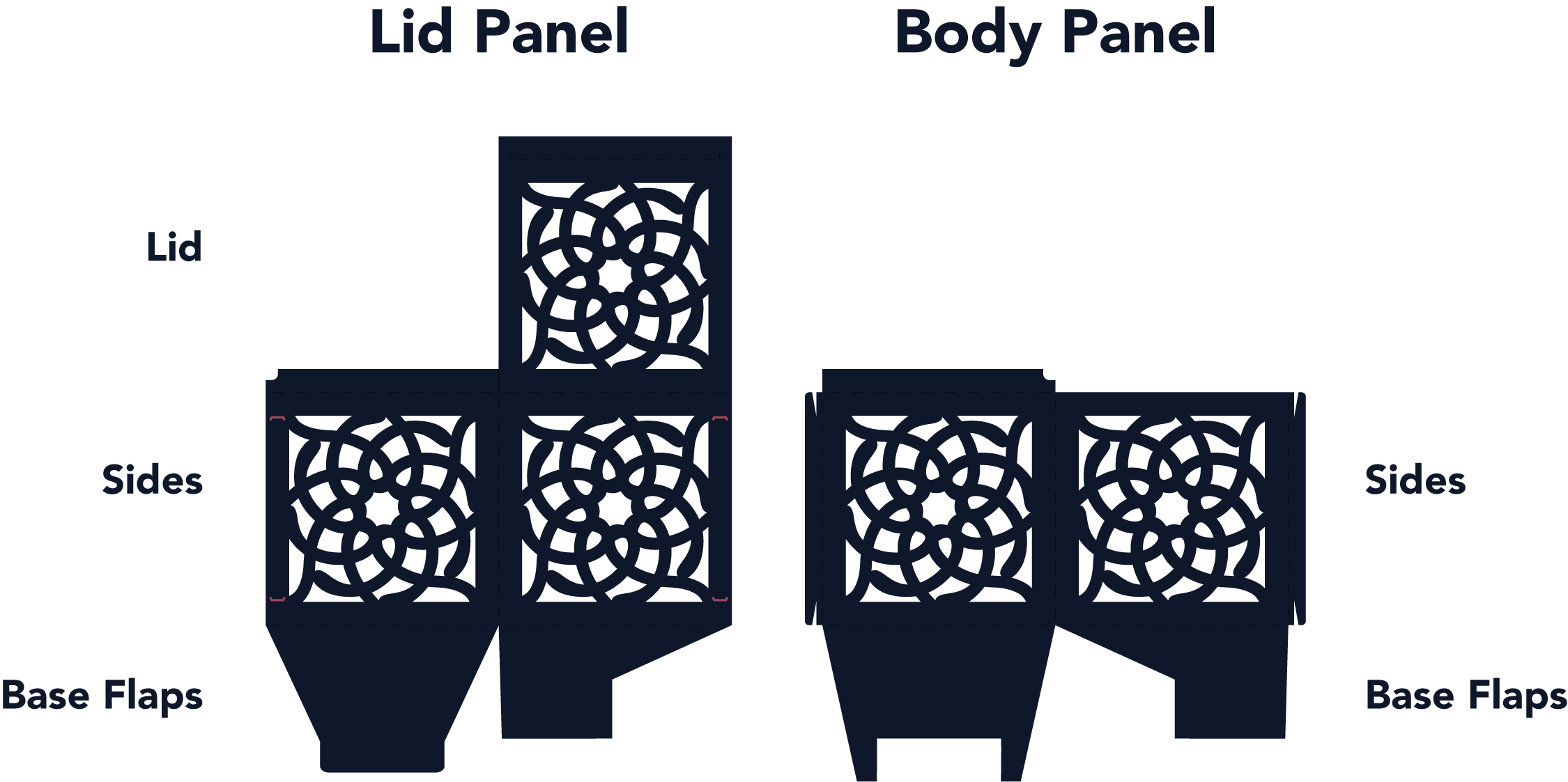 The two cut panels side by side. The Lid Panel has a lid, two sides, and base flaps; the Body Panel has two sides and base flaps.